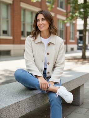 Cream Waffle Knit Button-Front Jean Jacket